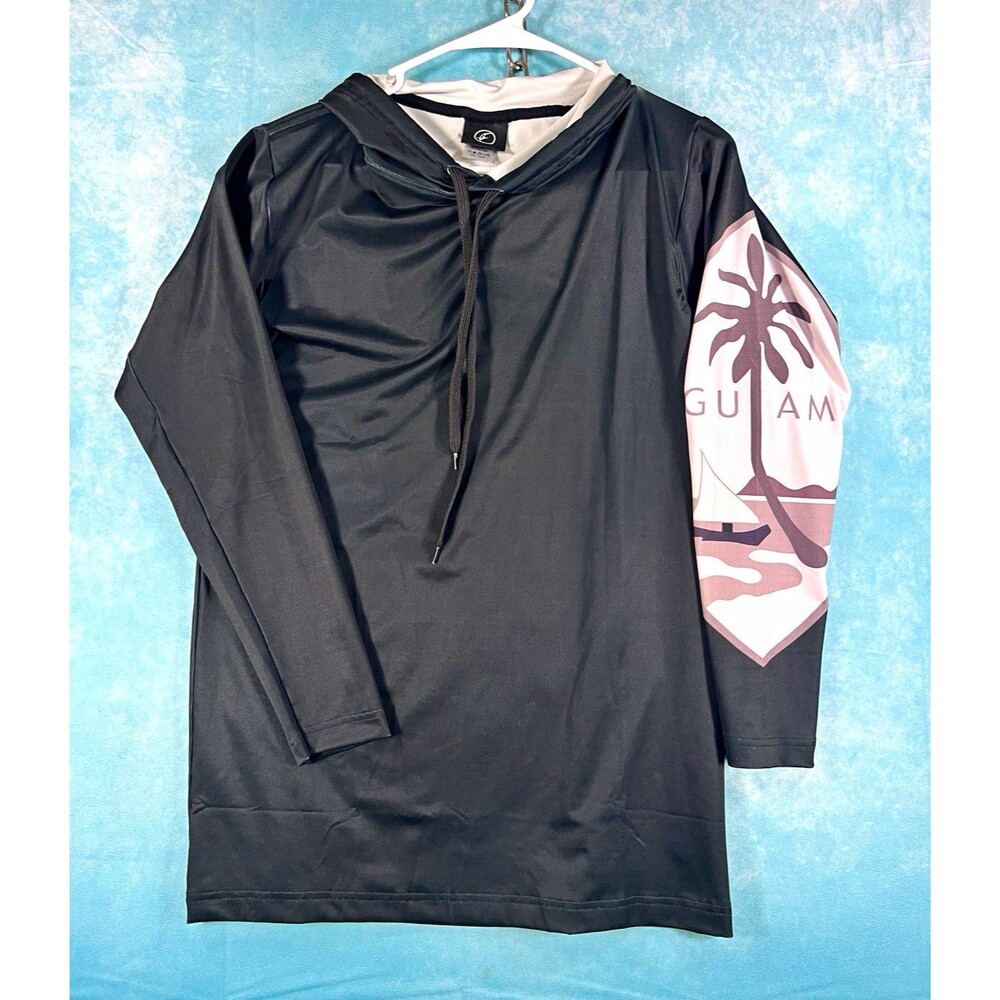 Guam Mens Black Pullover Hoodie fishing Performance Palm Tree Drawstring S